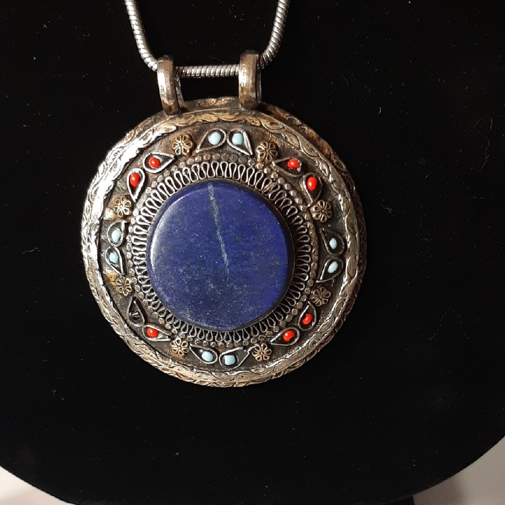 Bajalia Genuine Lapis Lazuli Statement Piece Handmade Pendant w/Silvertone Chain